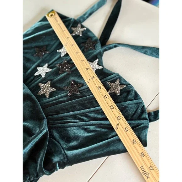 Emerald Green Velvet Star Sequin Ruched Mini Dress Halter Tassel Fringe - Picture 6 of 8